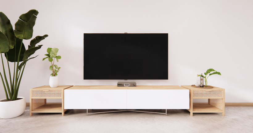 Wooden Tv Cabinet in White Wall on Japanese Themed Room