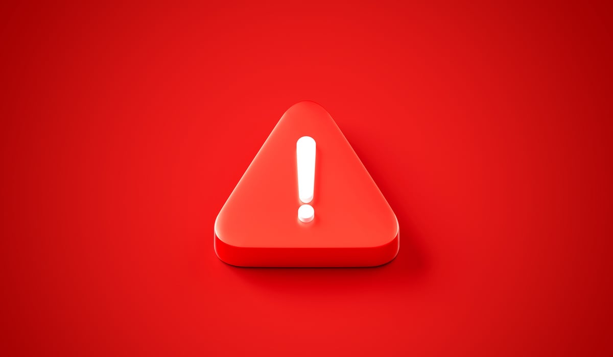 Exclamation mark 3d icon on red attention background